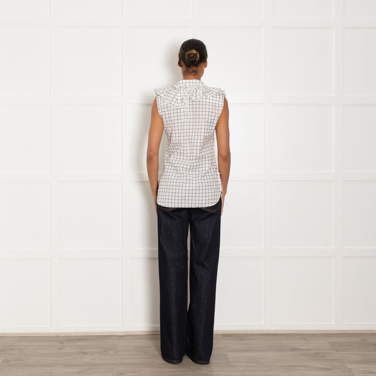 Monse White Black Check Frill Detail Sleeveless Cotton Shirt