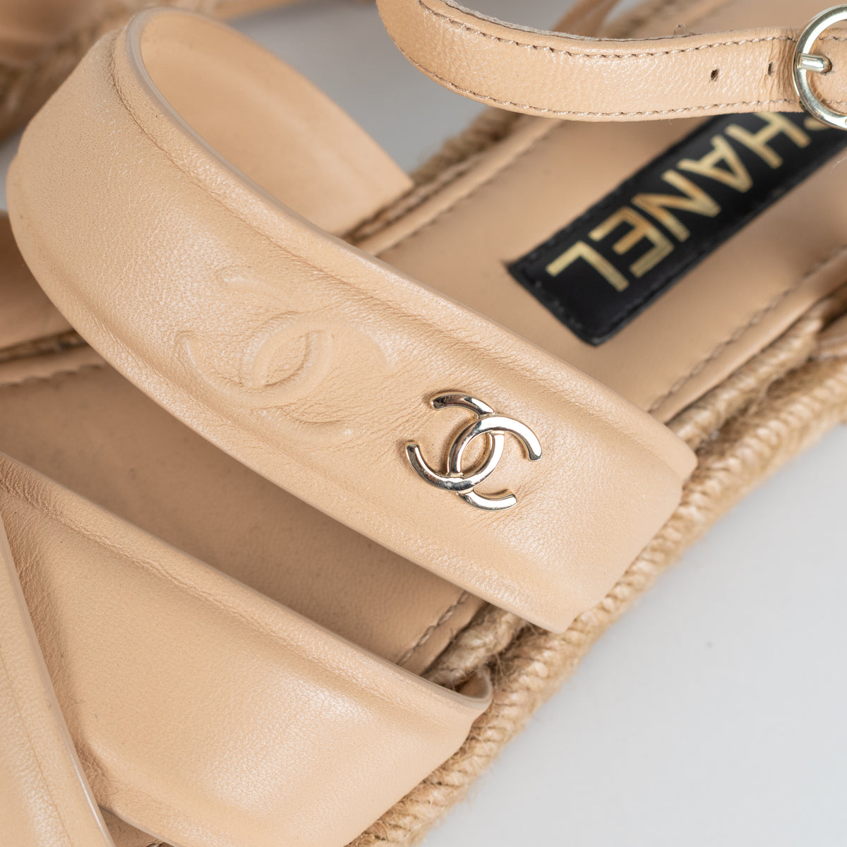 Chanel Beige Leather CC Espadrille Flat Sandals