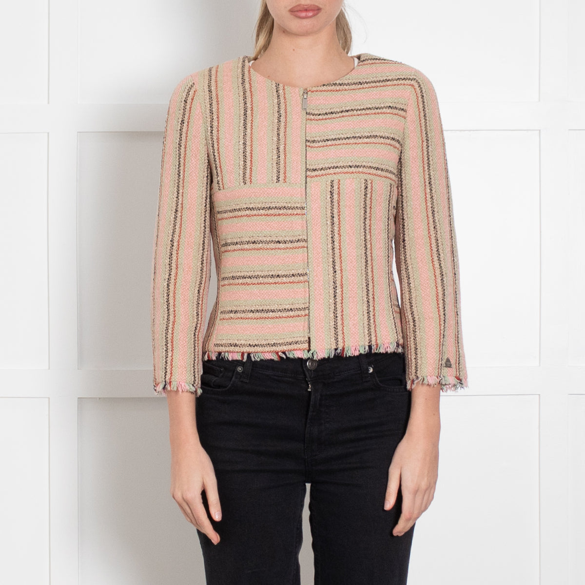 Chanel Pink Green Beige Striped Raw Hem Jacket