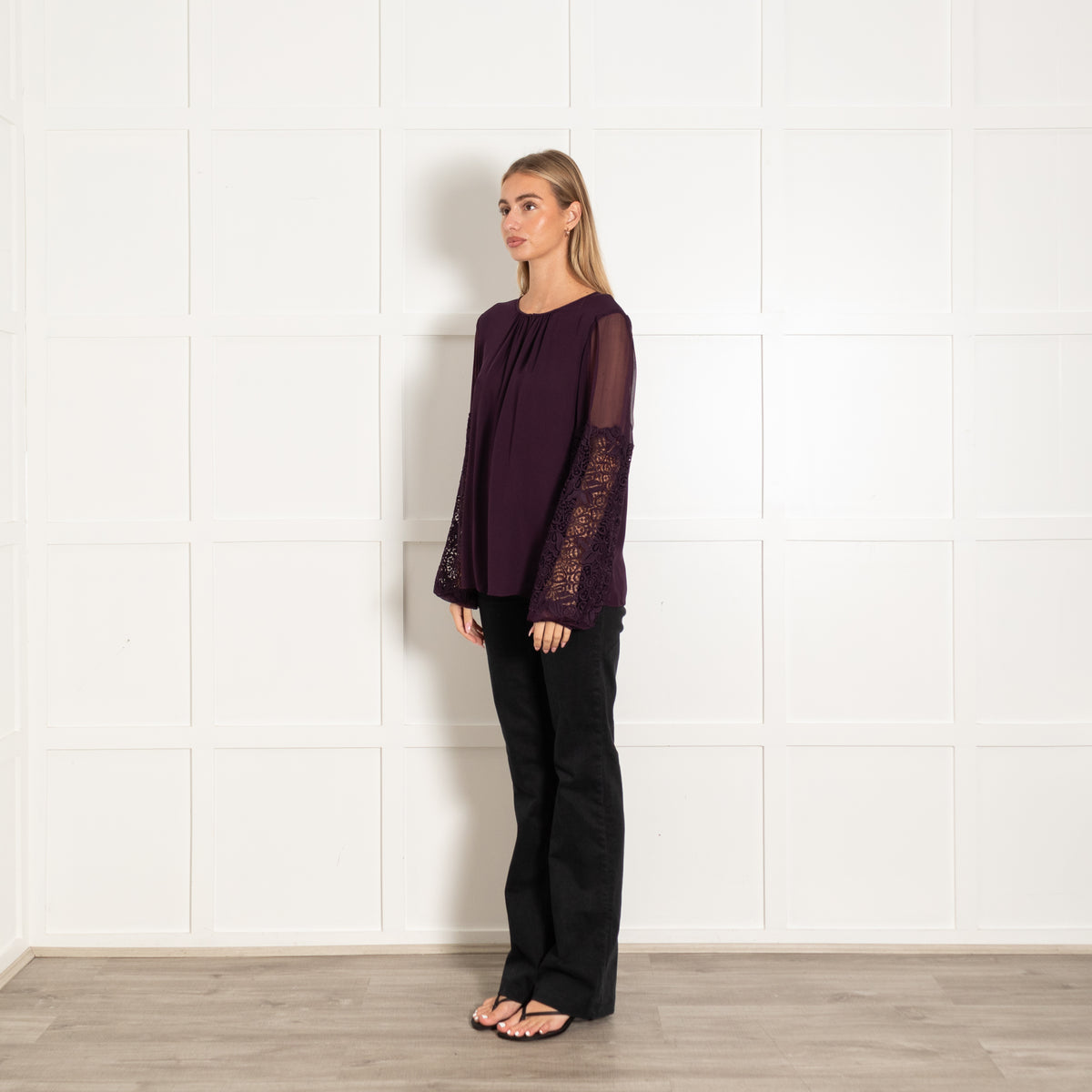 Elie Tahari Plum Silk Lace Sleeve Blouse