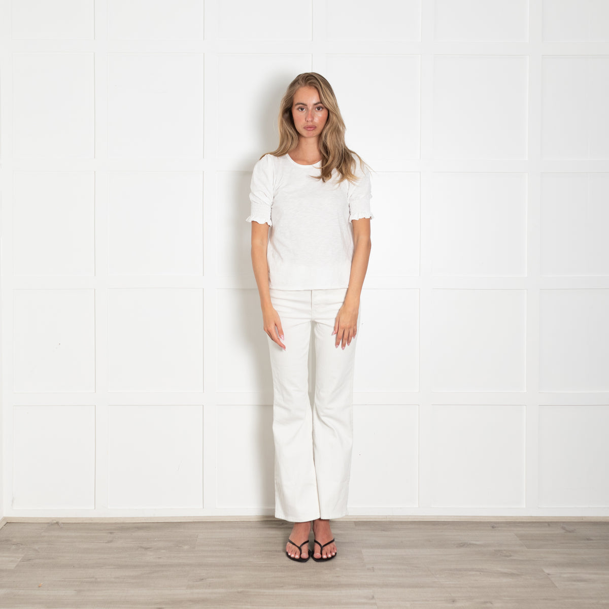 Me + Em White Cotton Smocking Detail Short Sleeve Top