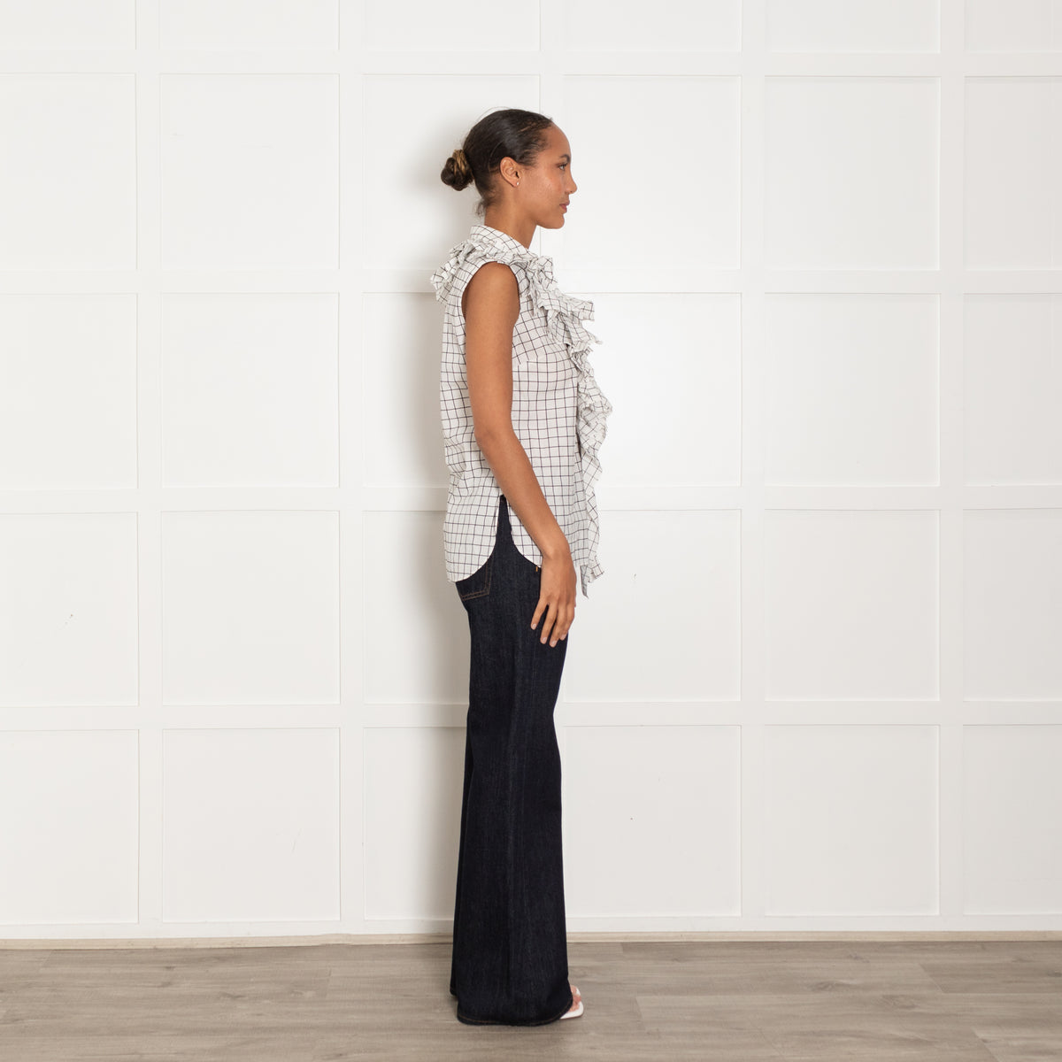 Monse White Black Check Frill Detail Sleeveless Cotton Shirt