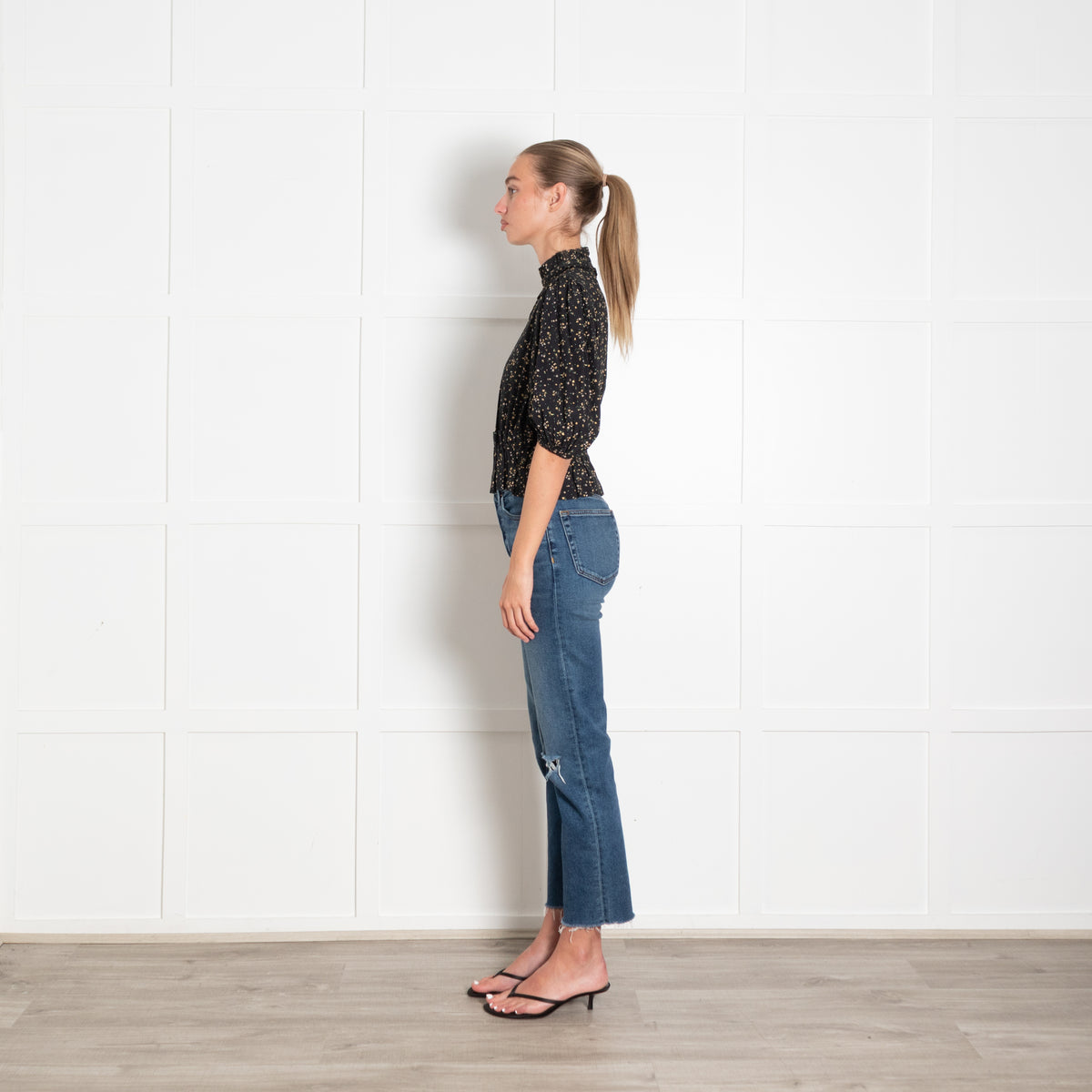 Ganni Black Micro Floral Puff Sleeve Top