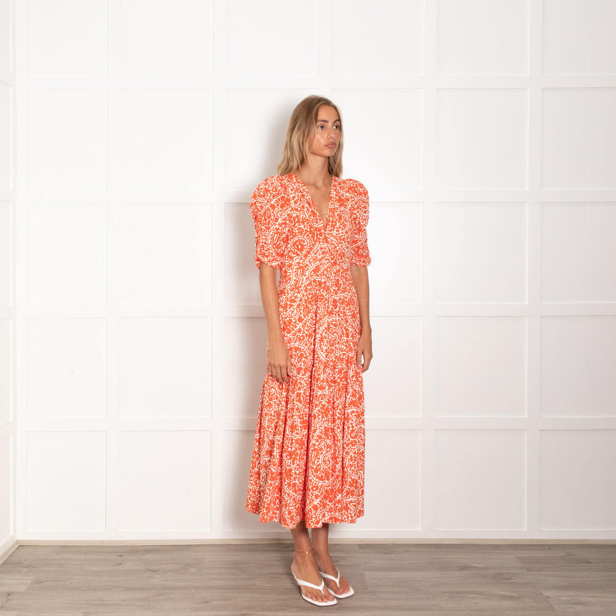 Me + Em White Orange Floral Elasticated Sleeves Cotton Dress