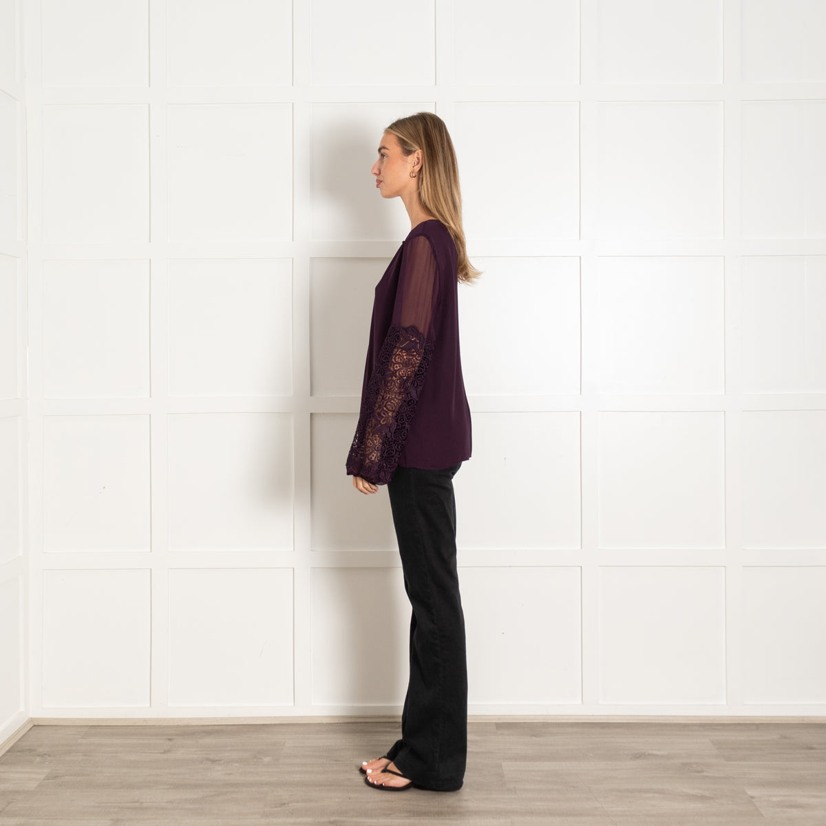 Elie Tahari Plum Silk Lace Sleeve Blouse