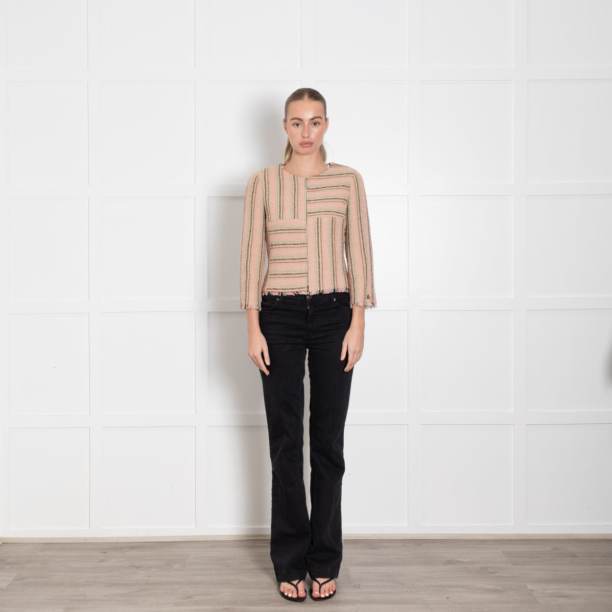 Chanel Pink Green Beige Striped Raw Hem Jacket