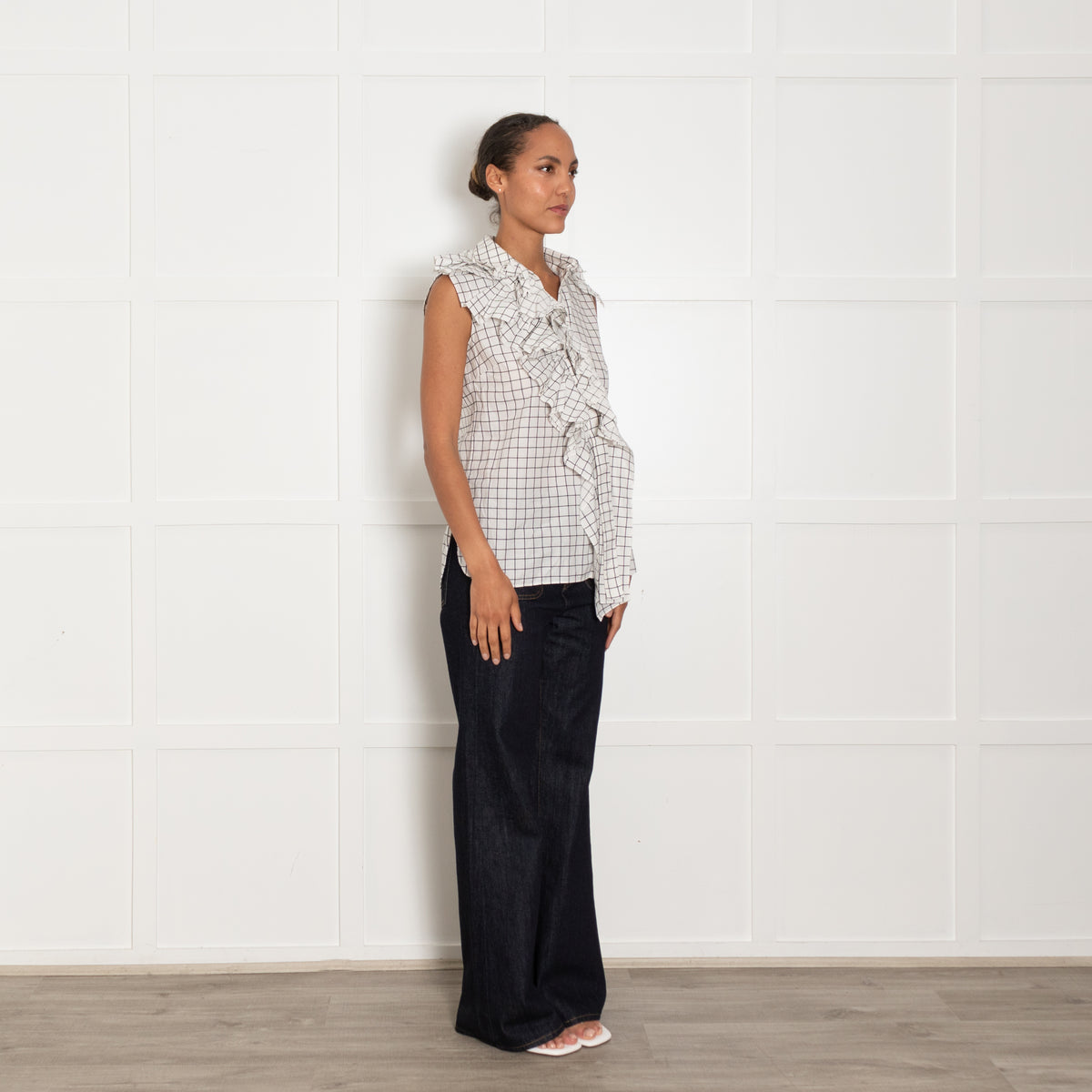 Monse White Black Check Frill Detail Sleeveless Cotton Shirt