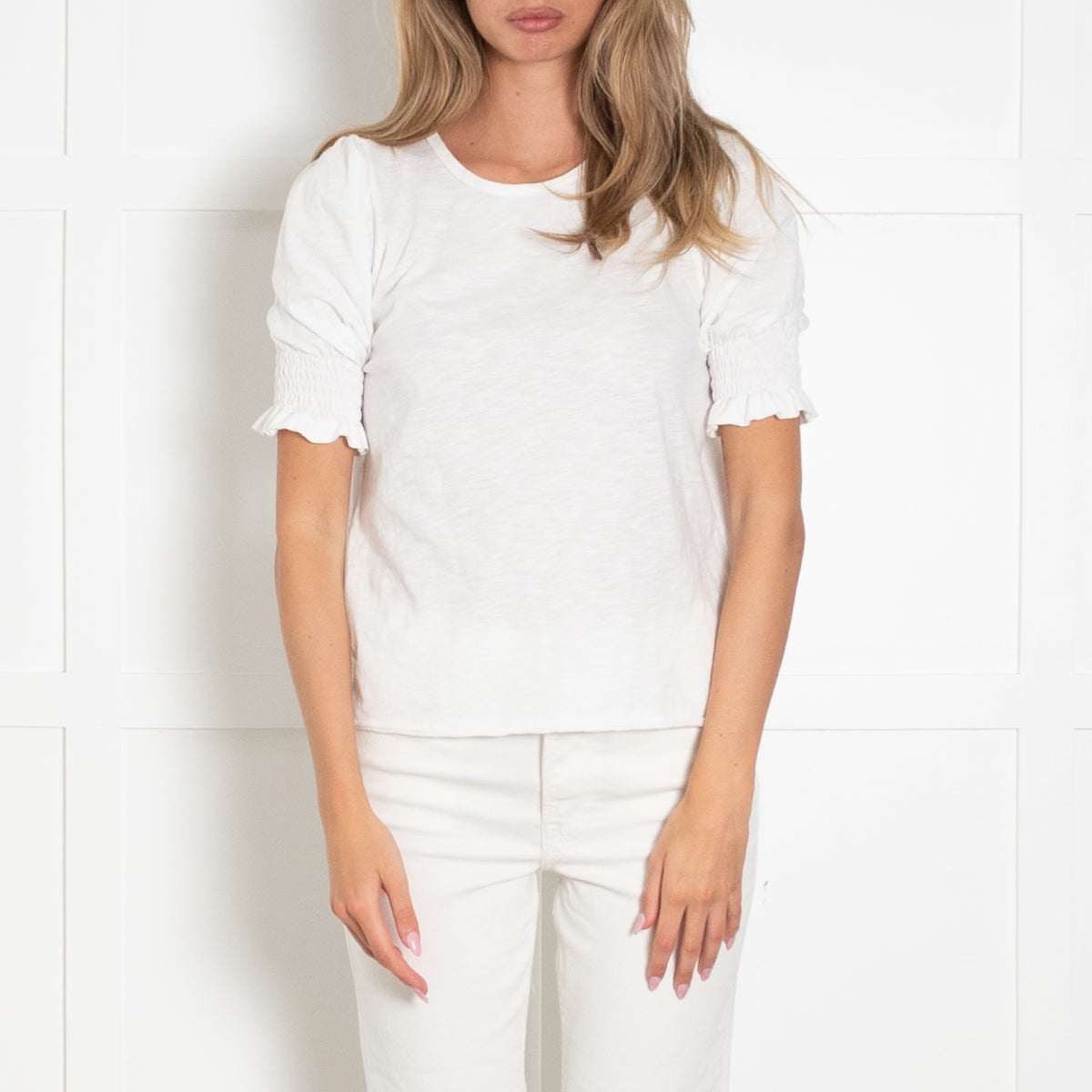 Me + Em White Cotton Smocking Detail Short Sleeve Top