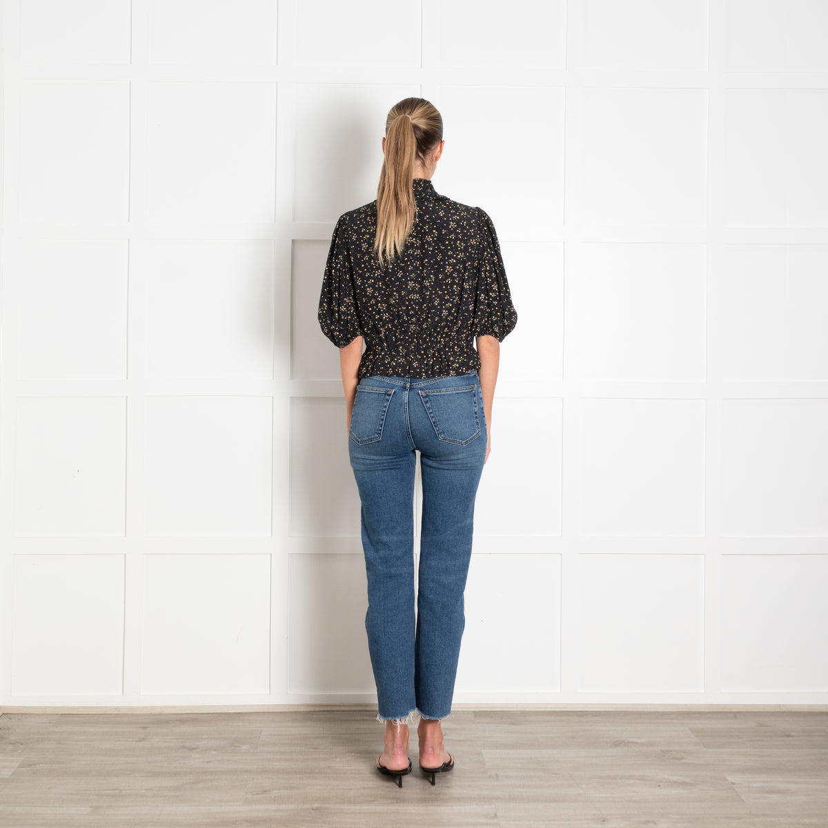 Ganni Black Micro Floral Puff Sleeve Top