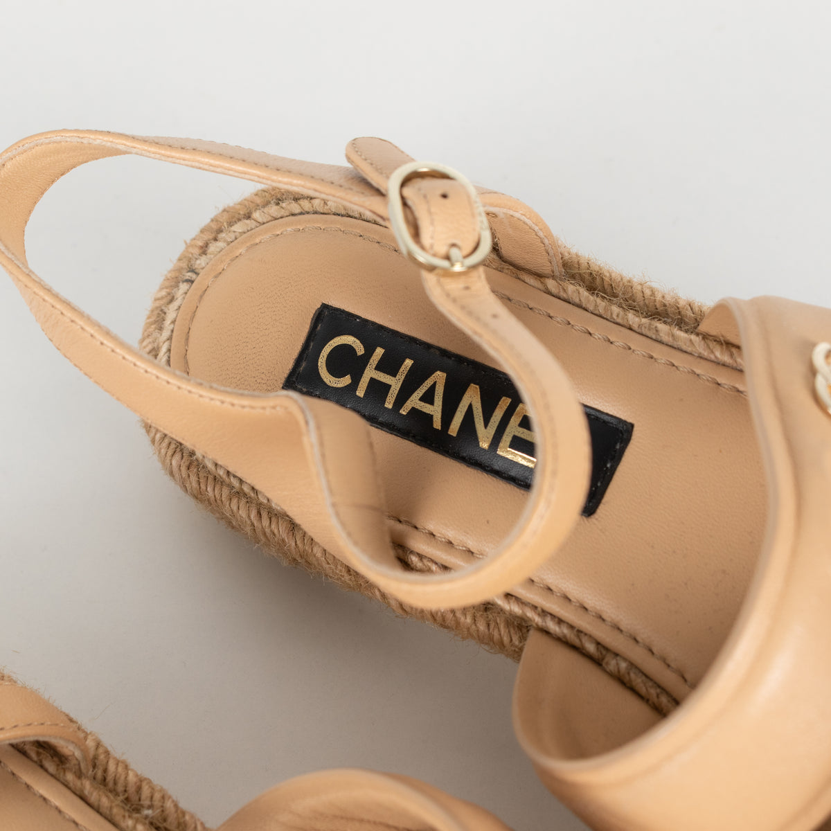Chanel Beige Leather CC Espadrille Flat Sandals