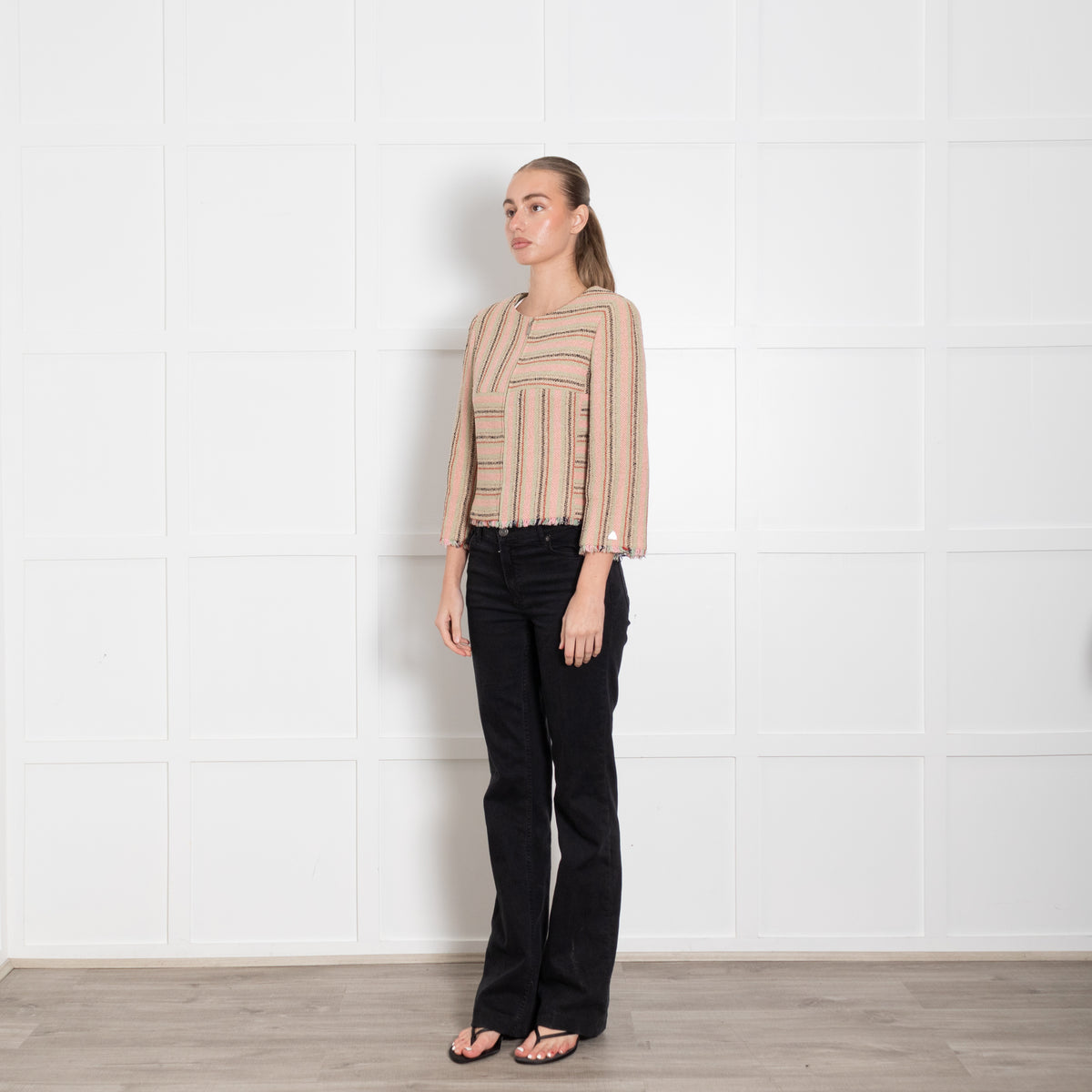Chanel Pink Green Beige Striped Raw Hem Jacket