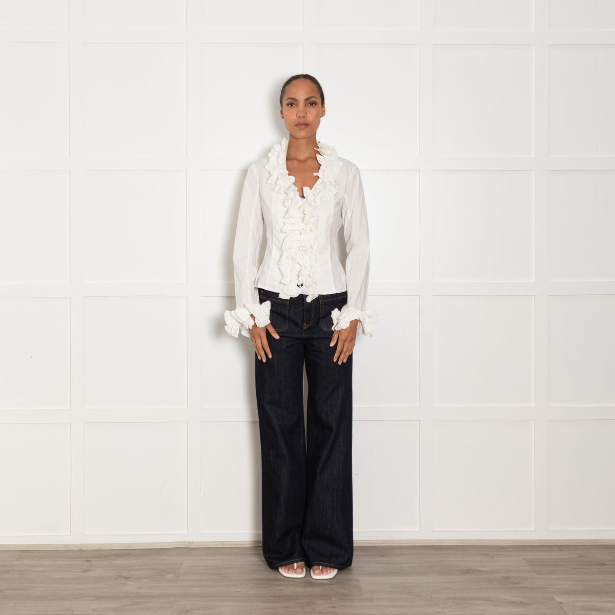 Anne Fontaine White Fitted Lacing Back & Ruffle Detail  Blouse
