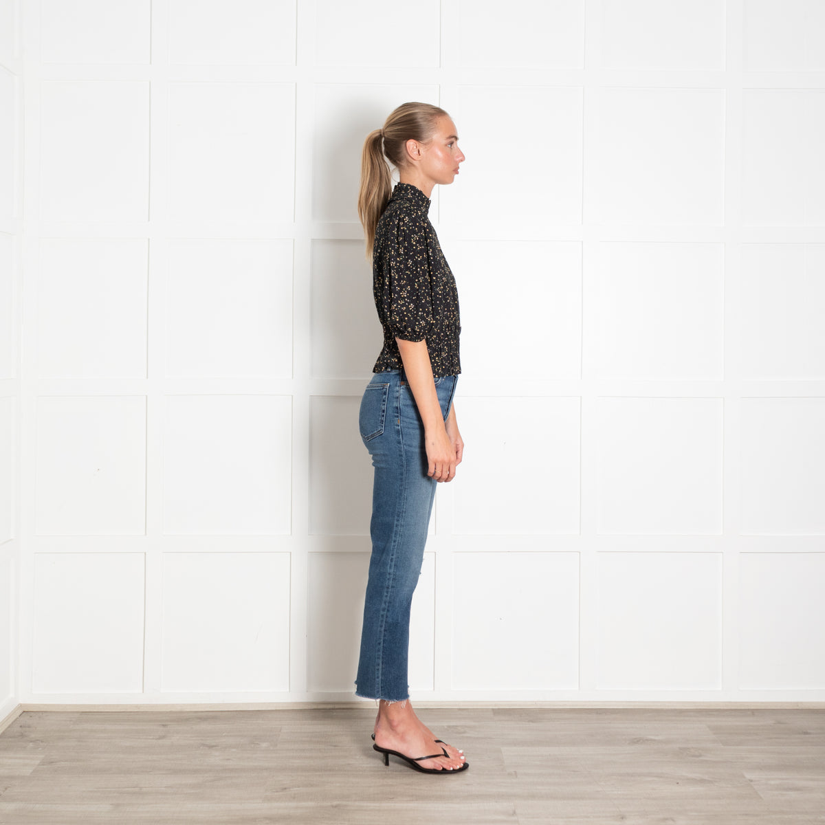 Ganni Black Micro Floral Puff Sleeve Top