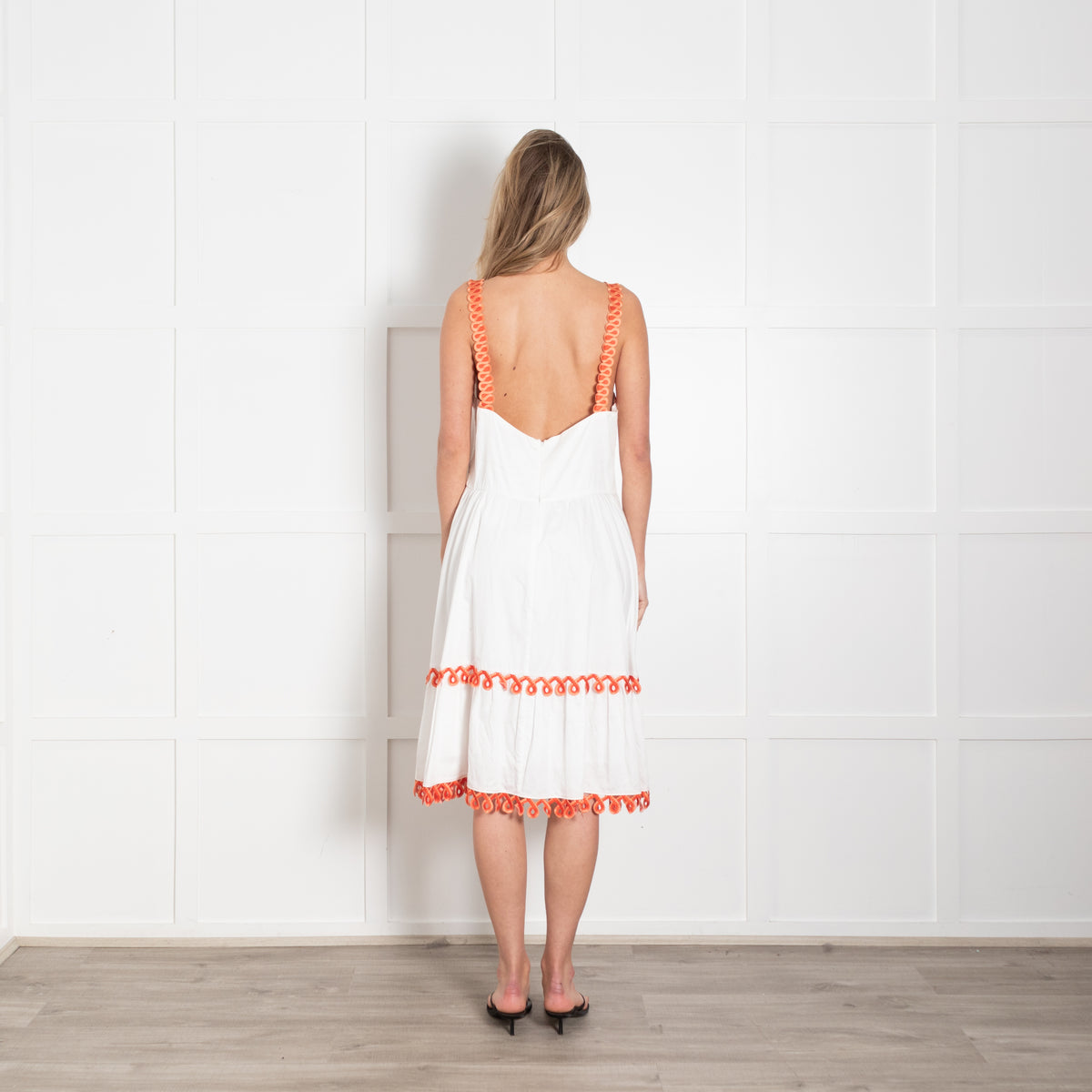 Temperley White Orange Embroidered Sleeveless Cotton Dress