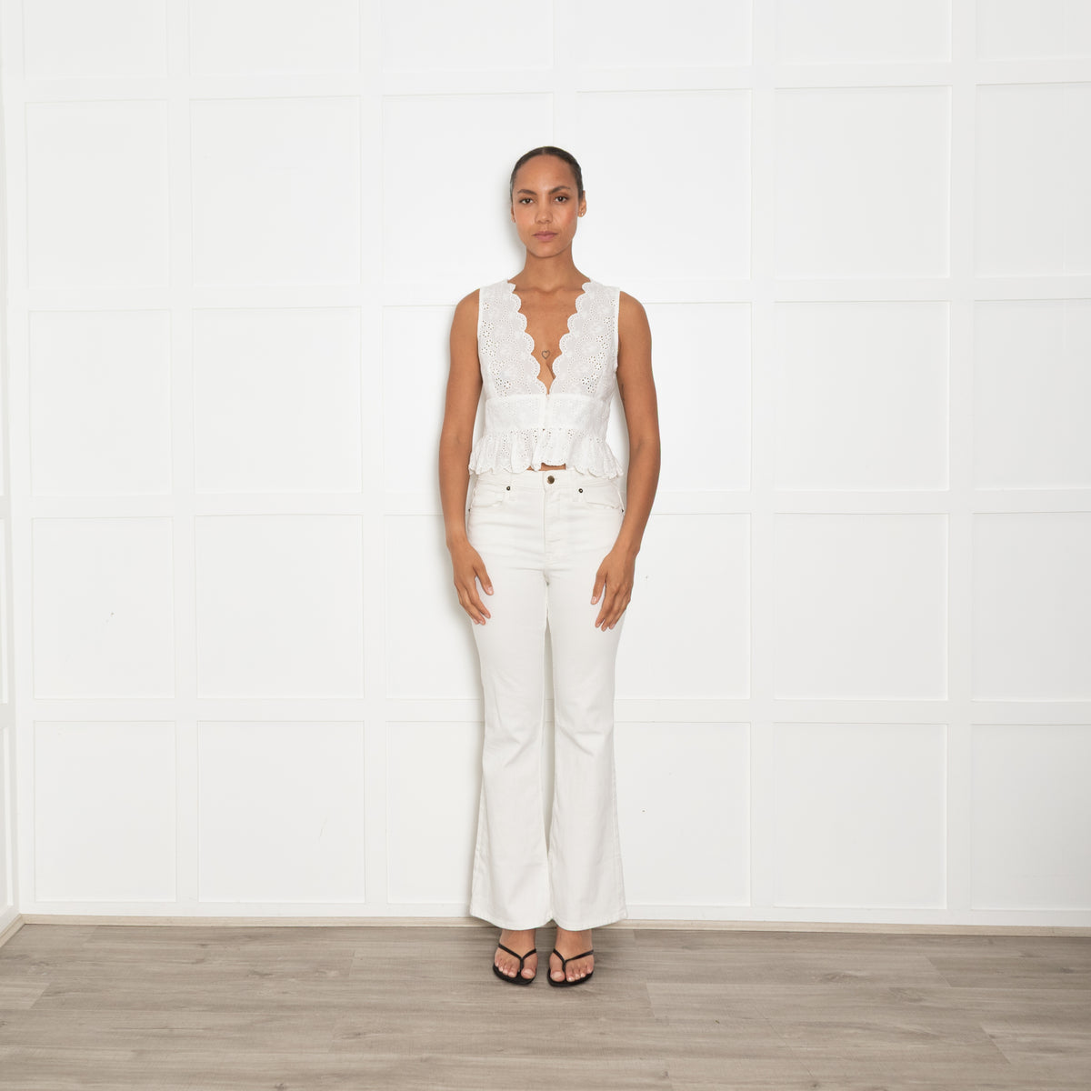 Miss Circle White Cotton Broderie Button Front Sleeveless Top