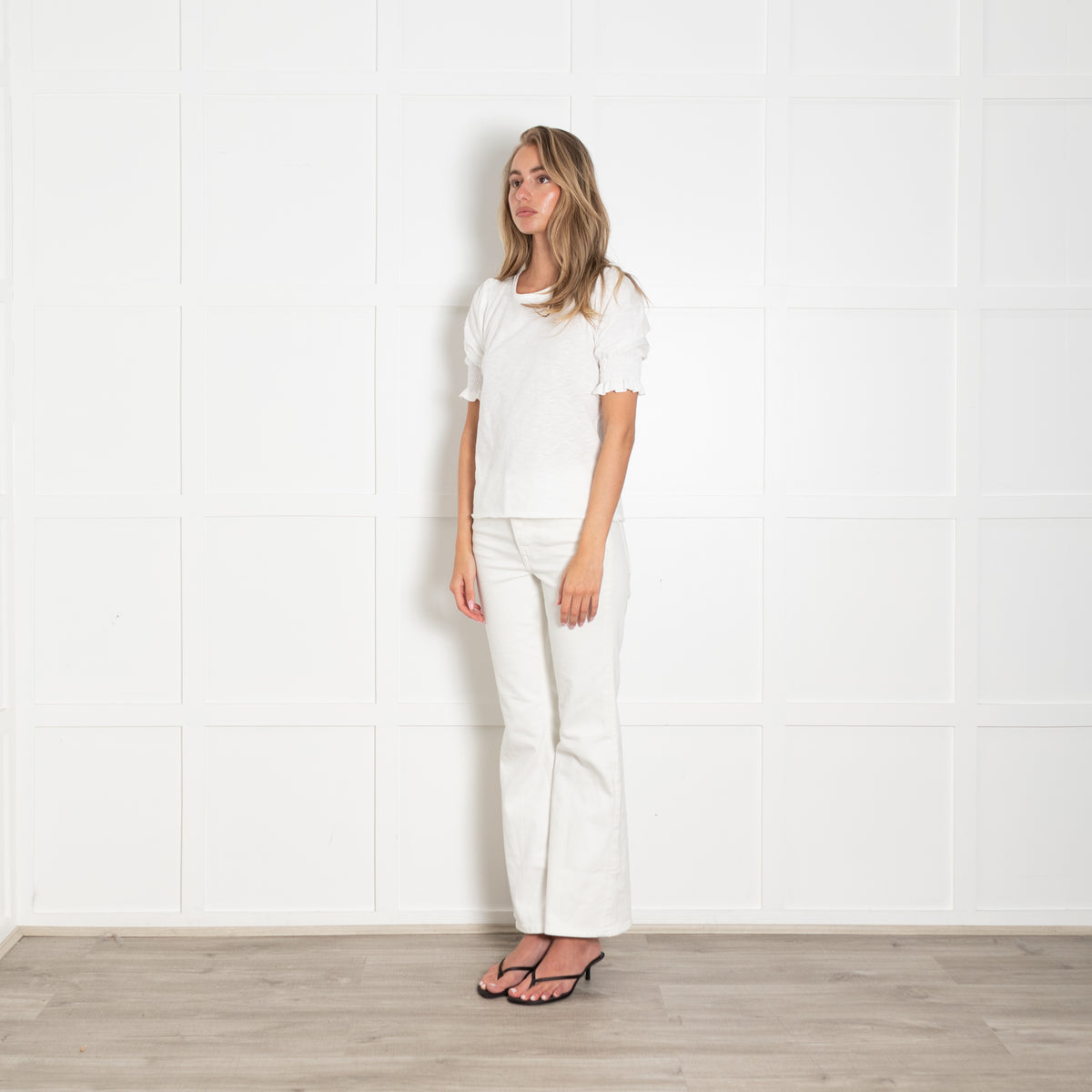 Me + Em White Cotton Smocking Detail Short Sleeve Top