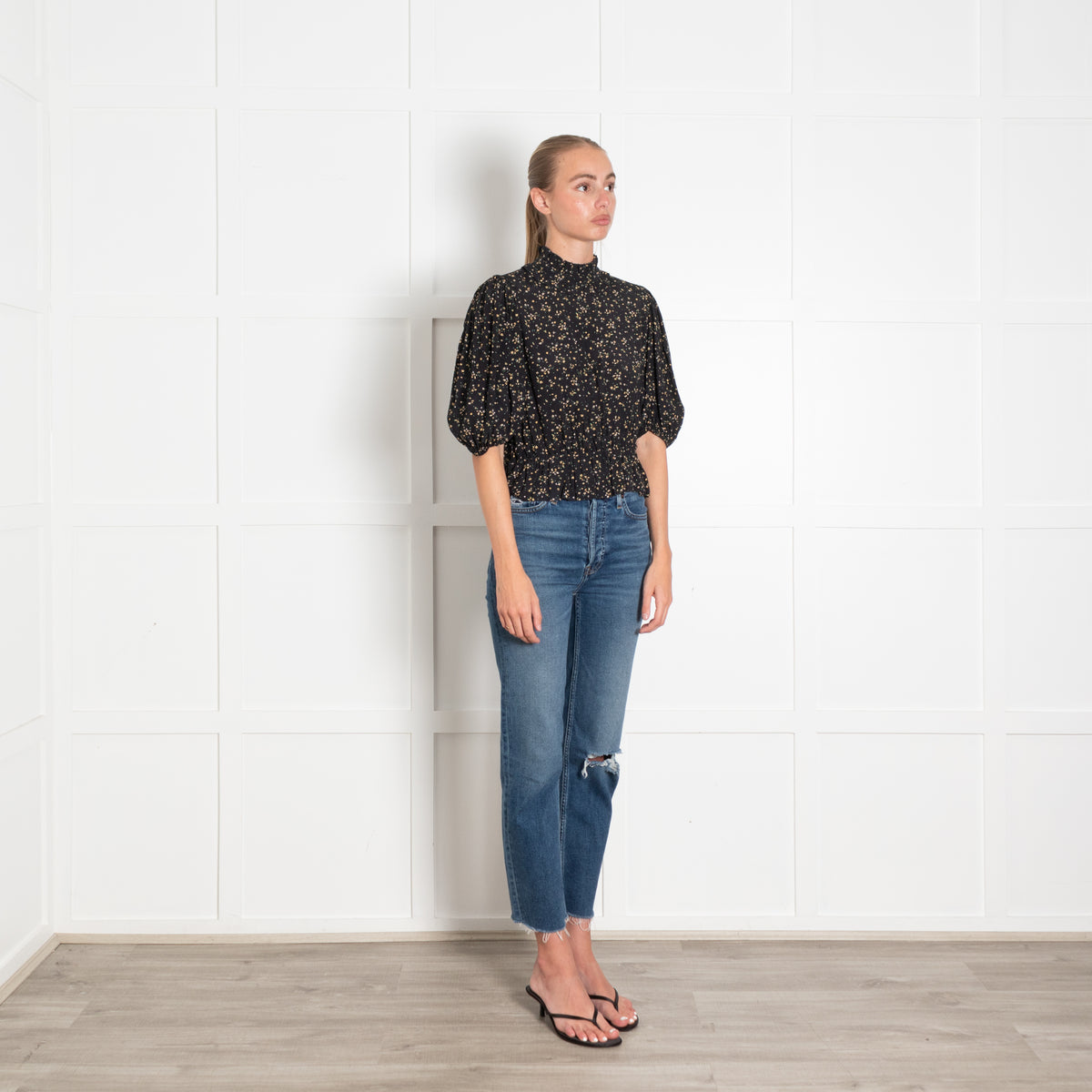 Ganni Black Micro Floral Puff Sleeve Top