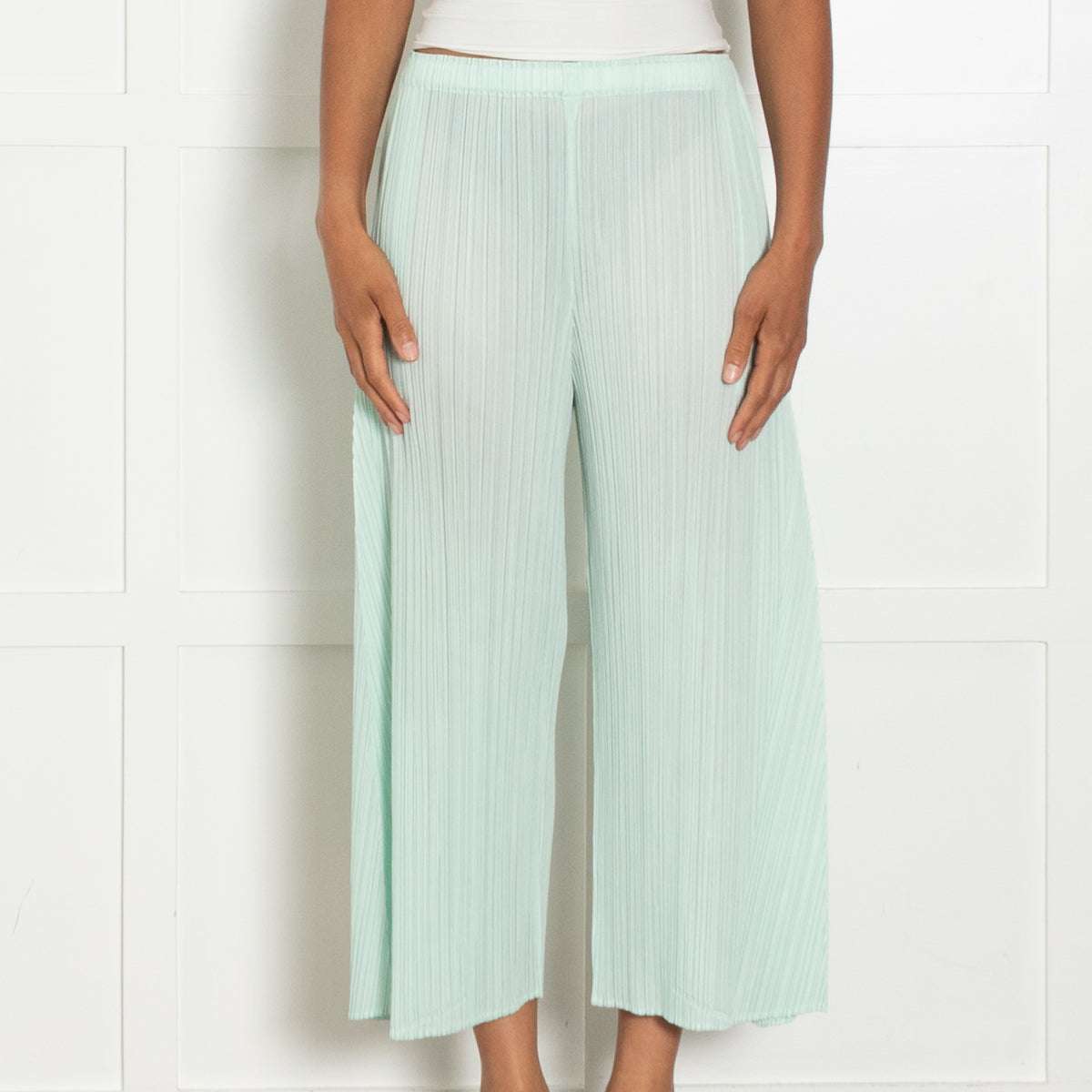 Pleats Please Mint Green Pleated Cropped Trousers