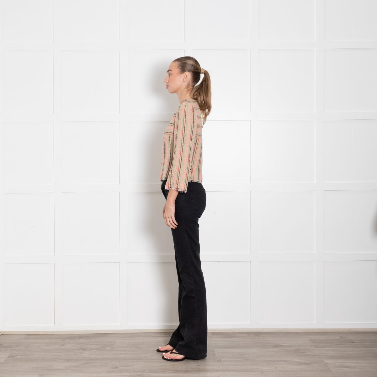 Chanel Pink Green Beige Striped Raw Hem Jacket