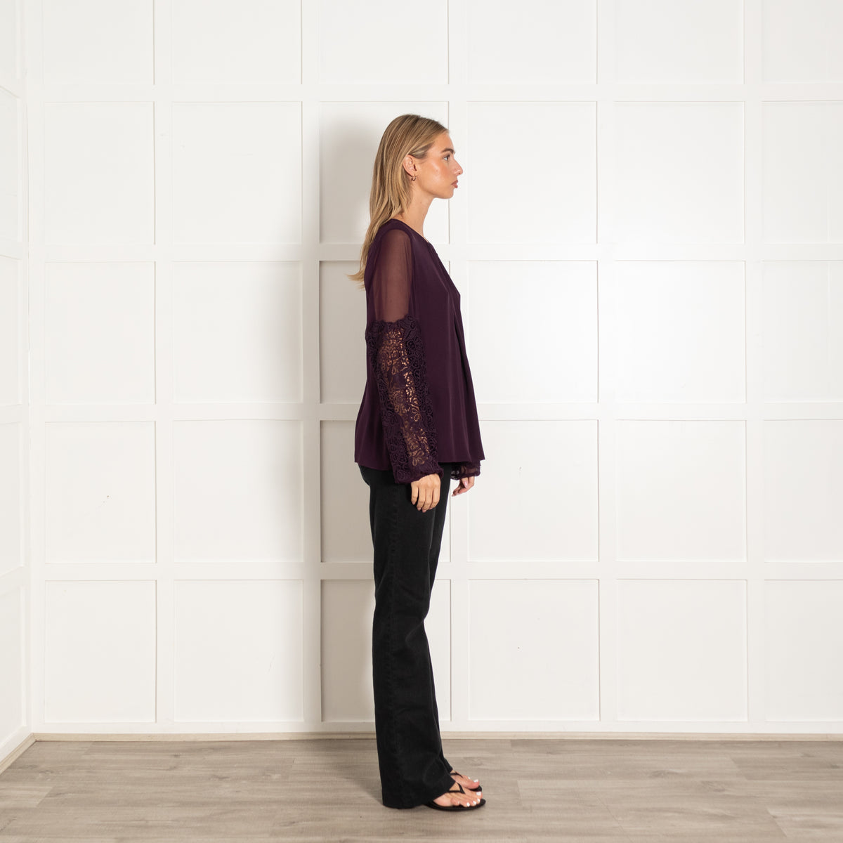 Elie Tahari Plum Silk Lace Sleeve Blouse