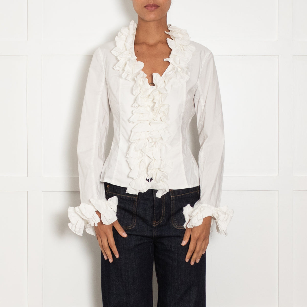 Anne Fontaine White Fitted Lacing Back & Ruffle Detail  Blouse