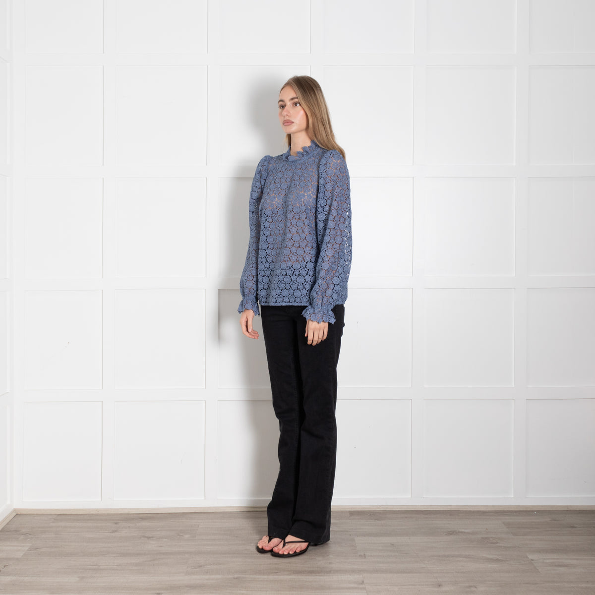 Sezane Blue Lace Ruffle Neck Top