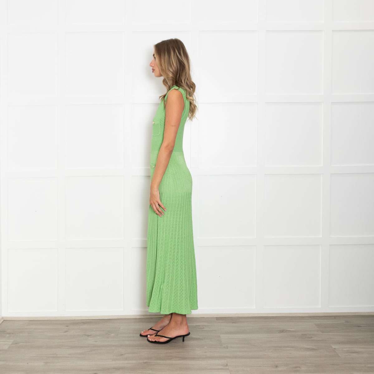 Sandro Green Lurex Knit Midi Dress with Gold Buttons
