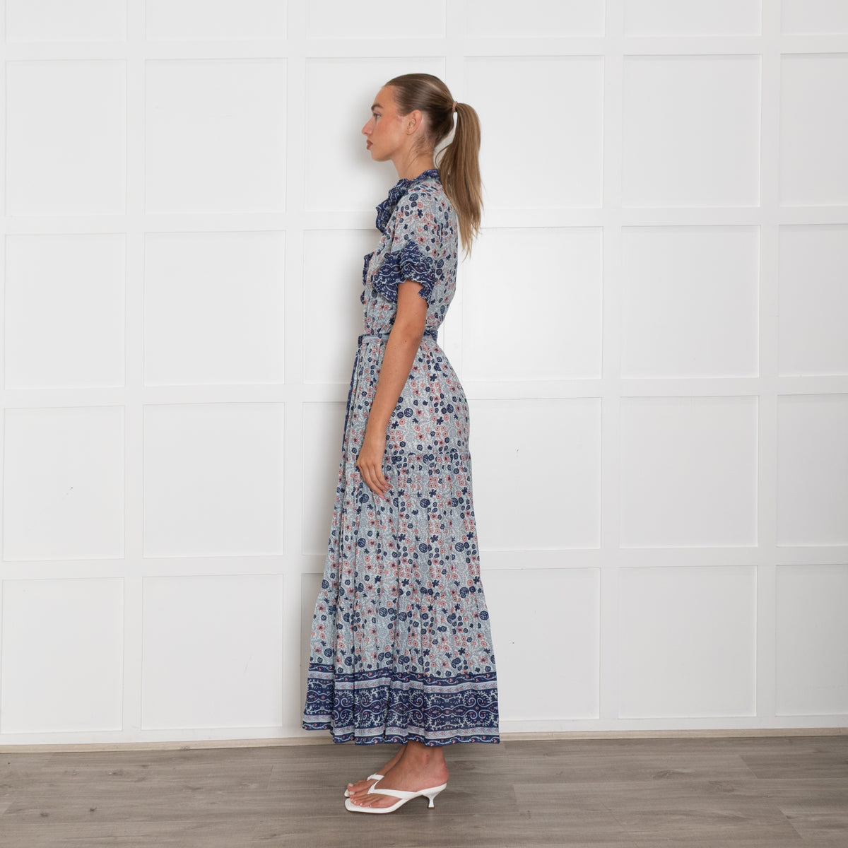 Mille Pale Blue Pink Floral Cotton Short Sleeve Maxi Dress
