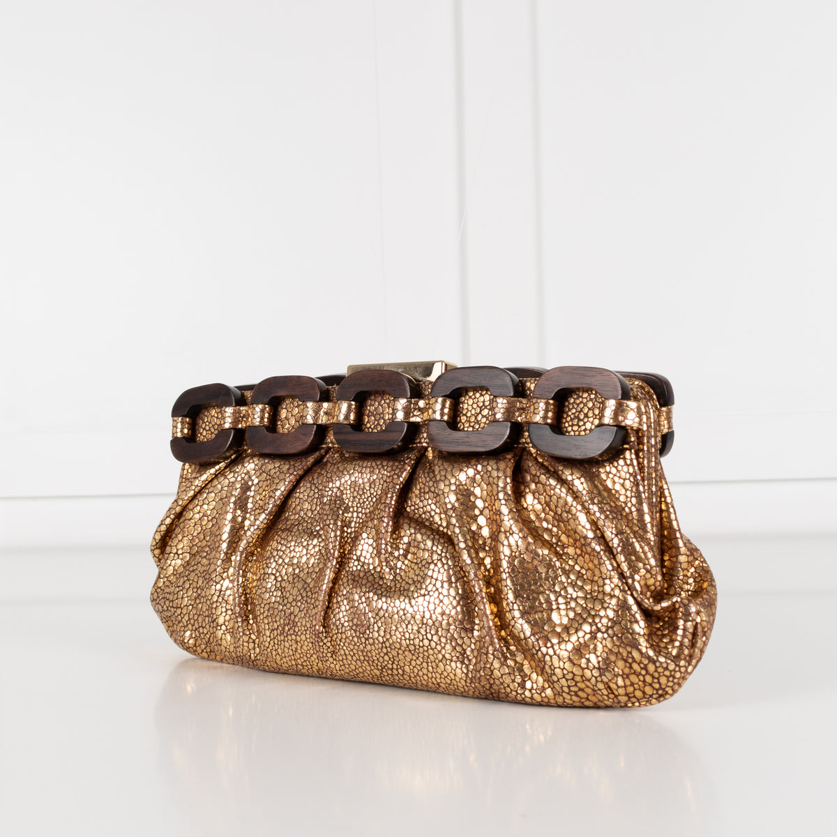 Anya Hindmarch Gold Crinkle Clutch with Wooden Link Detail