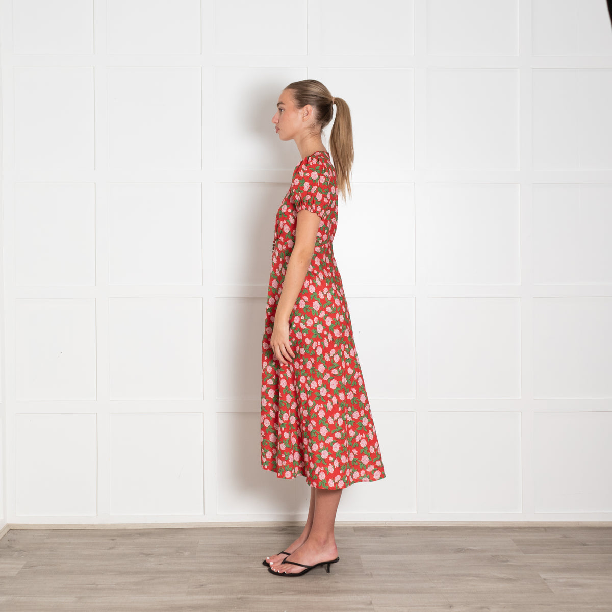 The Kooples Red Pink Green Floral Front Button Midi Dress