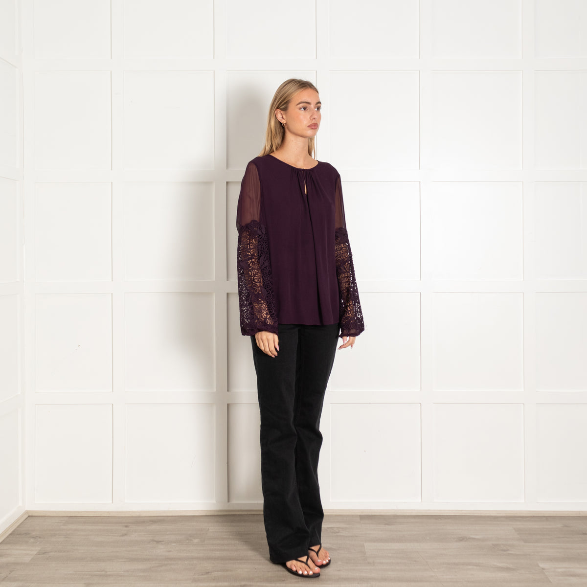 Elie Tahari Plum Silk Lace Sleeve Blouse