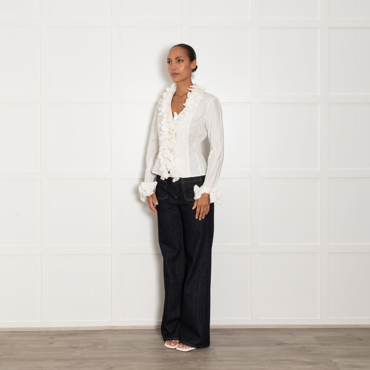Anne Fontaine White Fitted Lacing Back & Ruffle Detail  Blouse