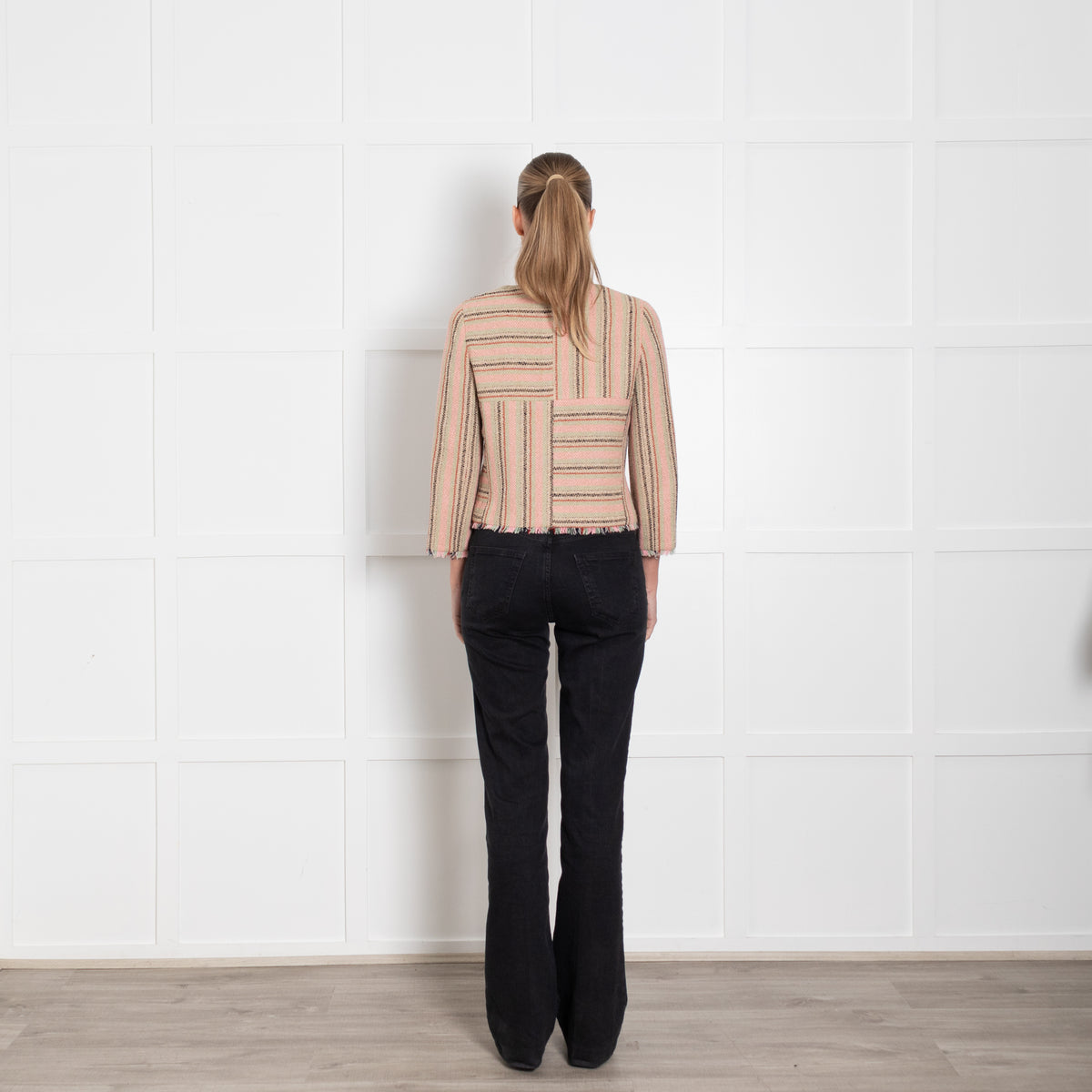 Chanel Pink Green Beige Striped Raw Hem Jacket