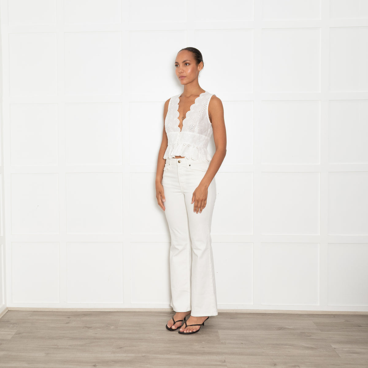 Miss Circle White Cotton Broderie Button Front Sleeveless Top