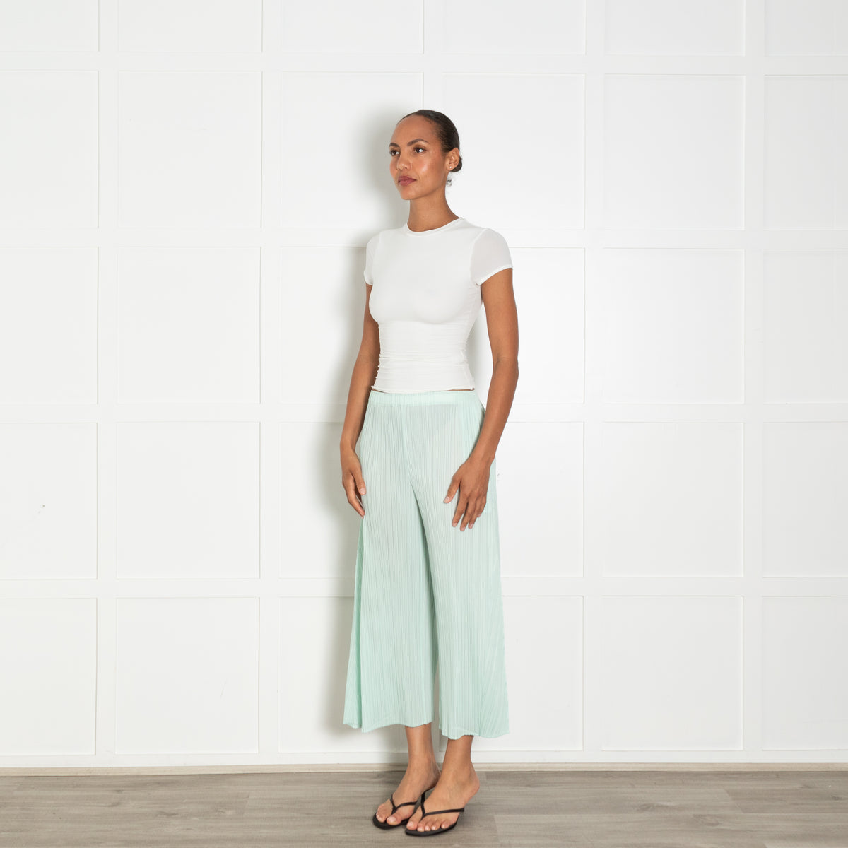 Pleats Please Mint Green Pleated Cropped Trousers