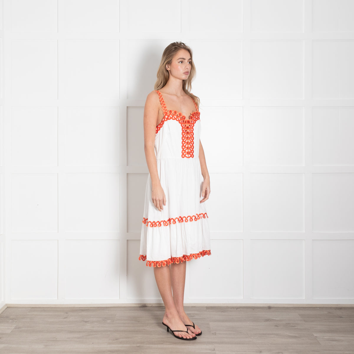 Temperley White Orange Embroidered Sleeveless Cotton Dress