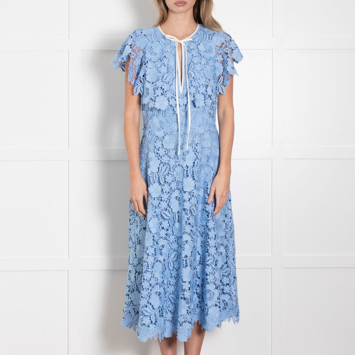 Lela Rose Pale Blue Lace White Trim Sleeveless Midi Dress