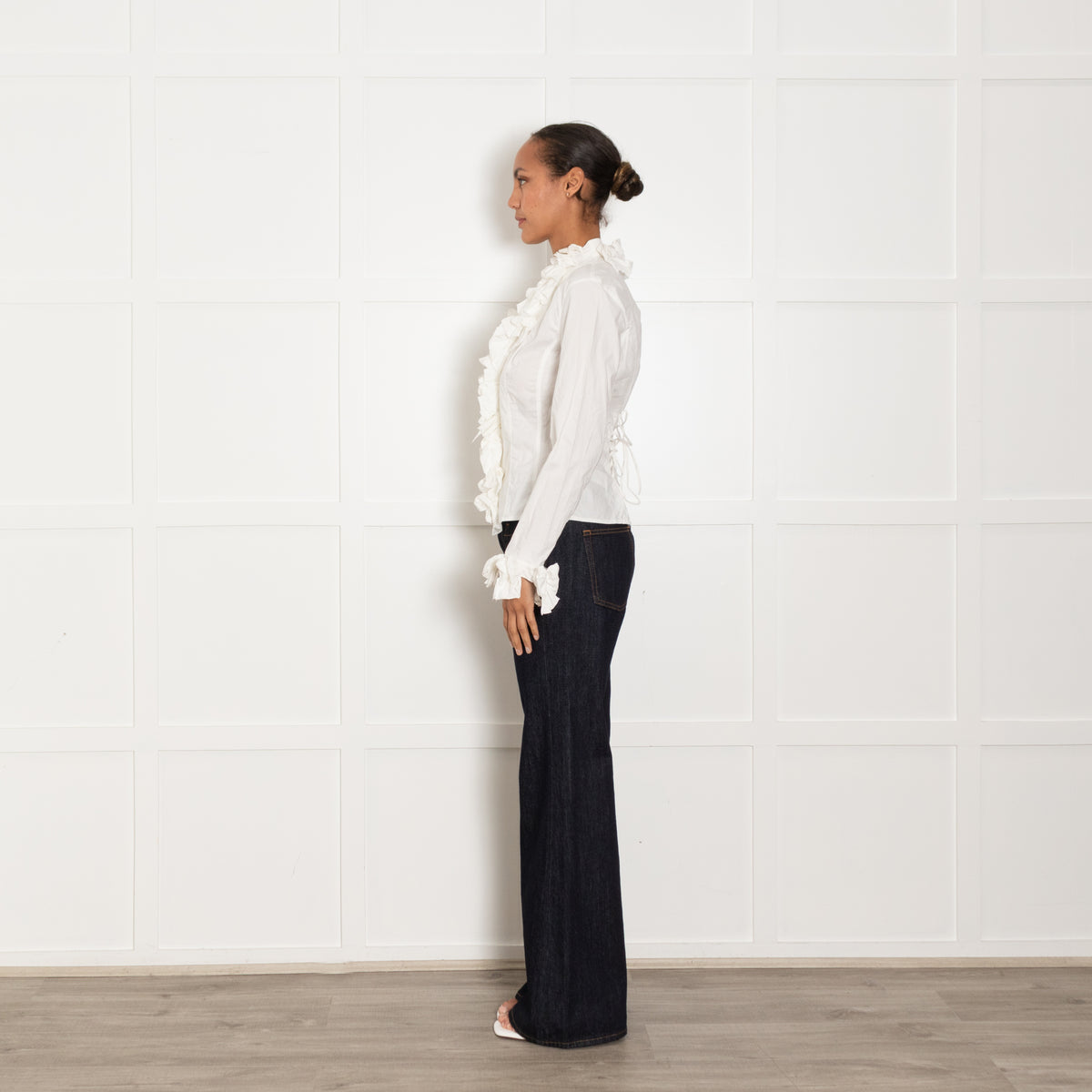 Anne Fontaine White Fitted Lacing Back & Ruffle Detail  Blouse