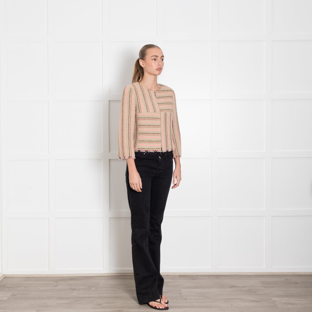 Chanel Pink Green Beige Striped Raw Hem Jacket