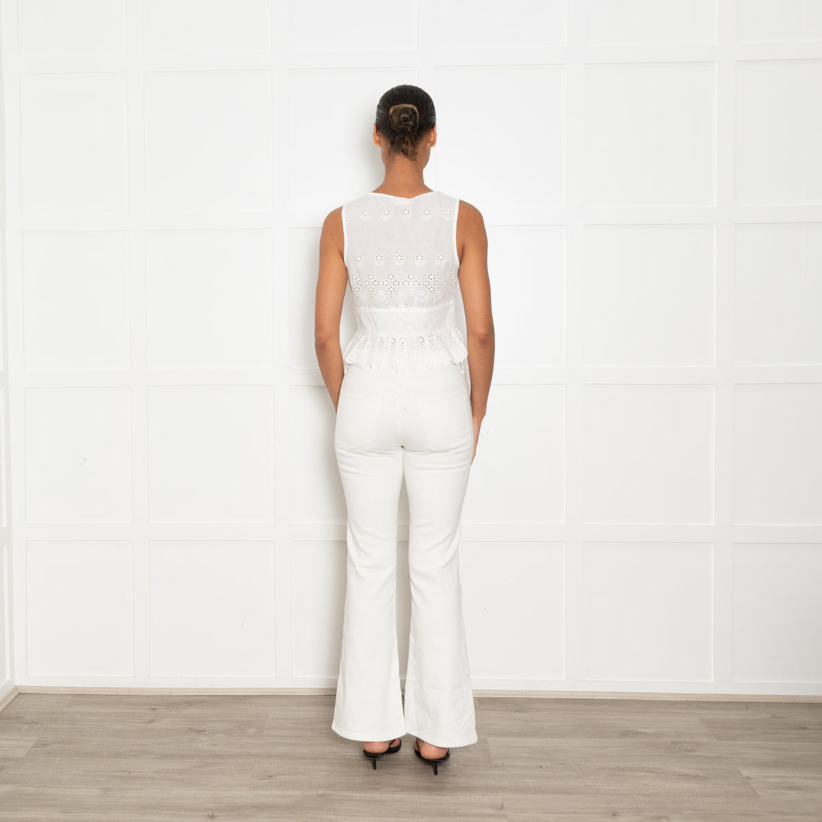 Miss Circle White Cotton Broderie Button Front Sleeveless Top