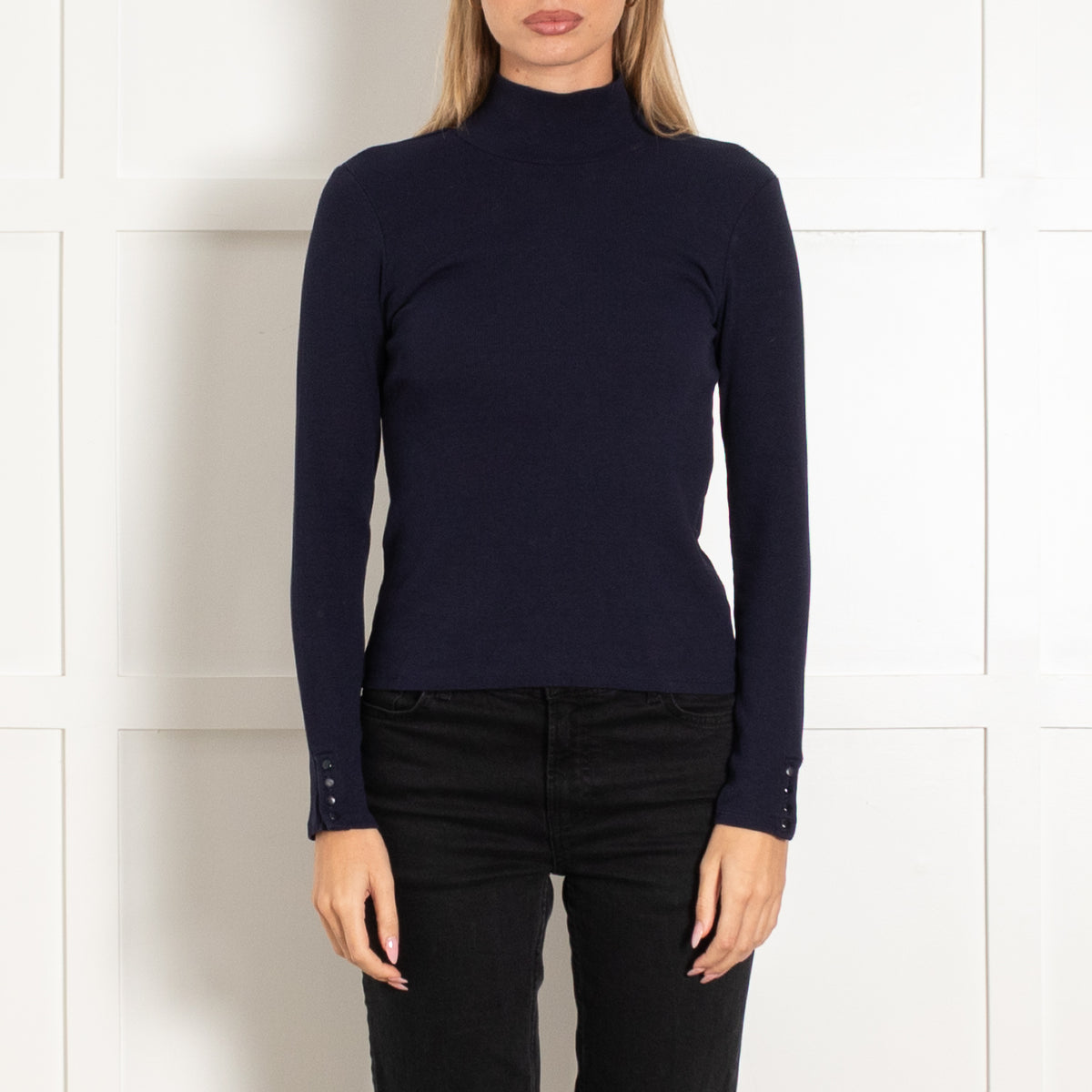 Sezane Navy Blue Cotton High Neck Long Sleeve Top
