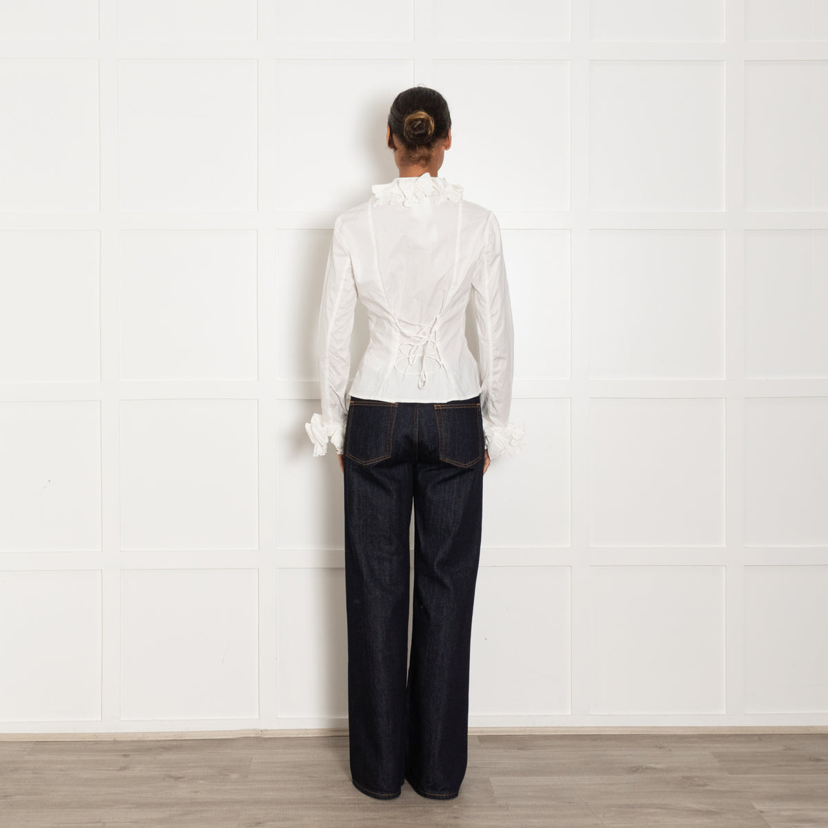 Anne Fontaine White Fitted Lacing Back & Ruffle Detail  Blouse