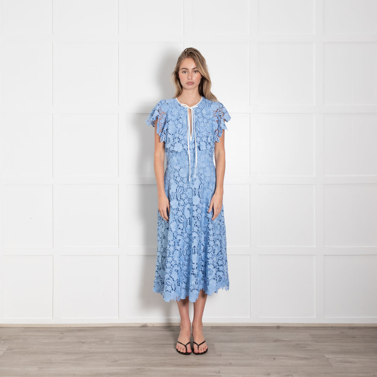Lela Rose Pale Blue Lace White Trim Sleeveless Midi Dress