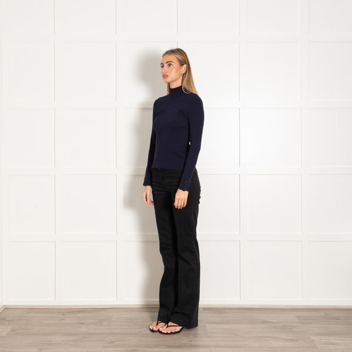 Sezane Navy Blue Cotton High Neck Long Sleeve Top