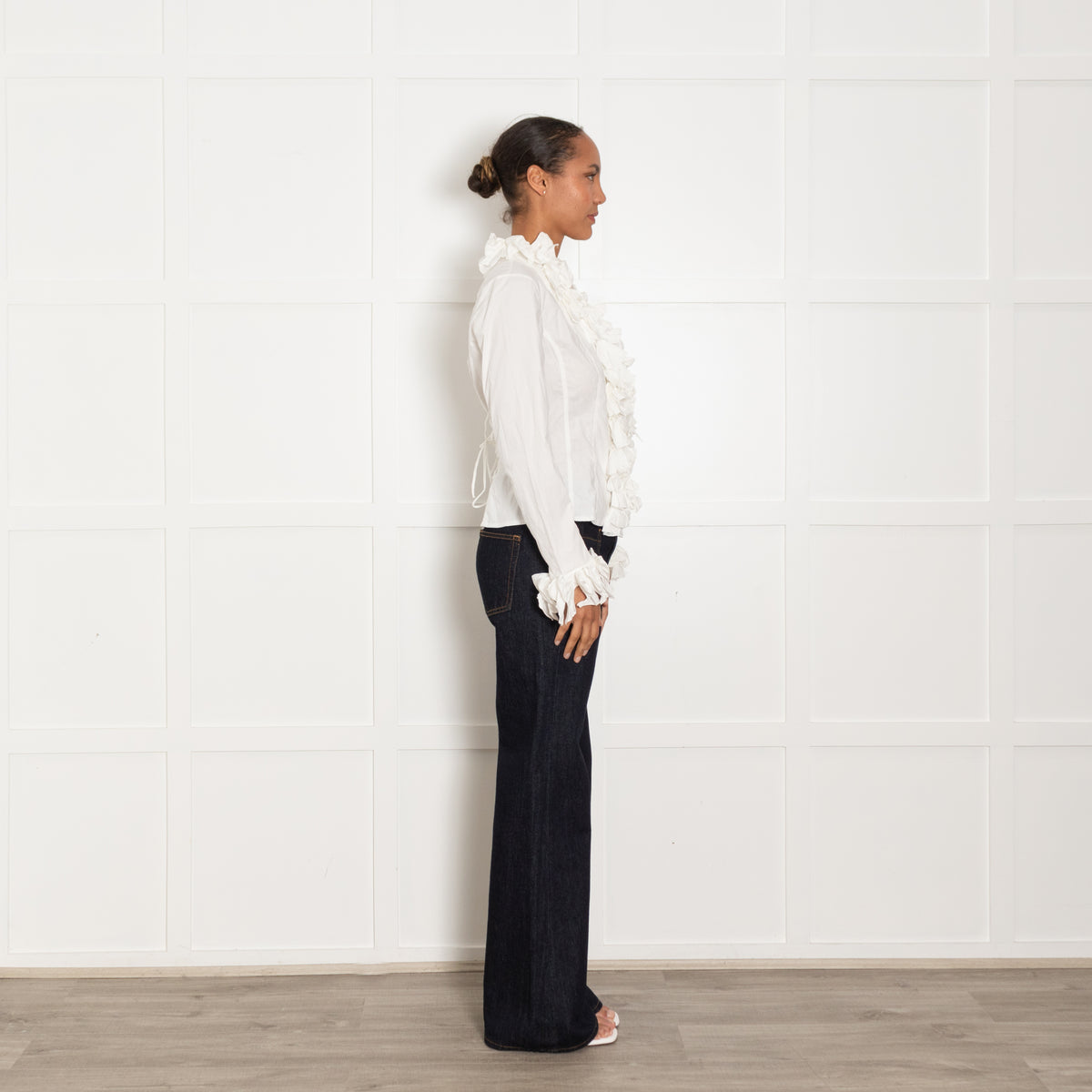 Anne Fontaine White Fitted Lacing Back & Ruffle Detail  Blouse
