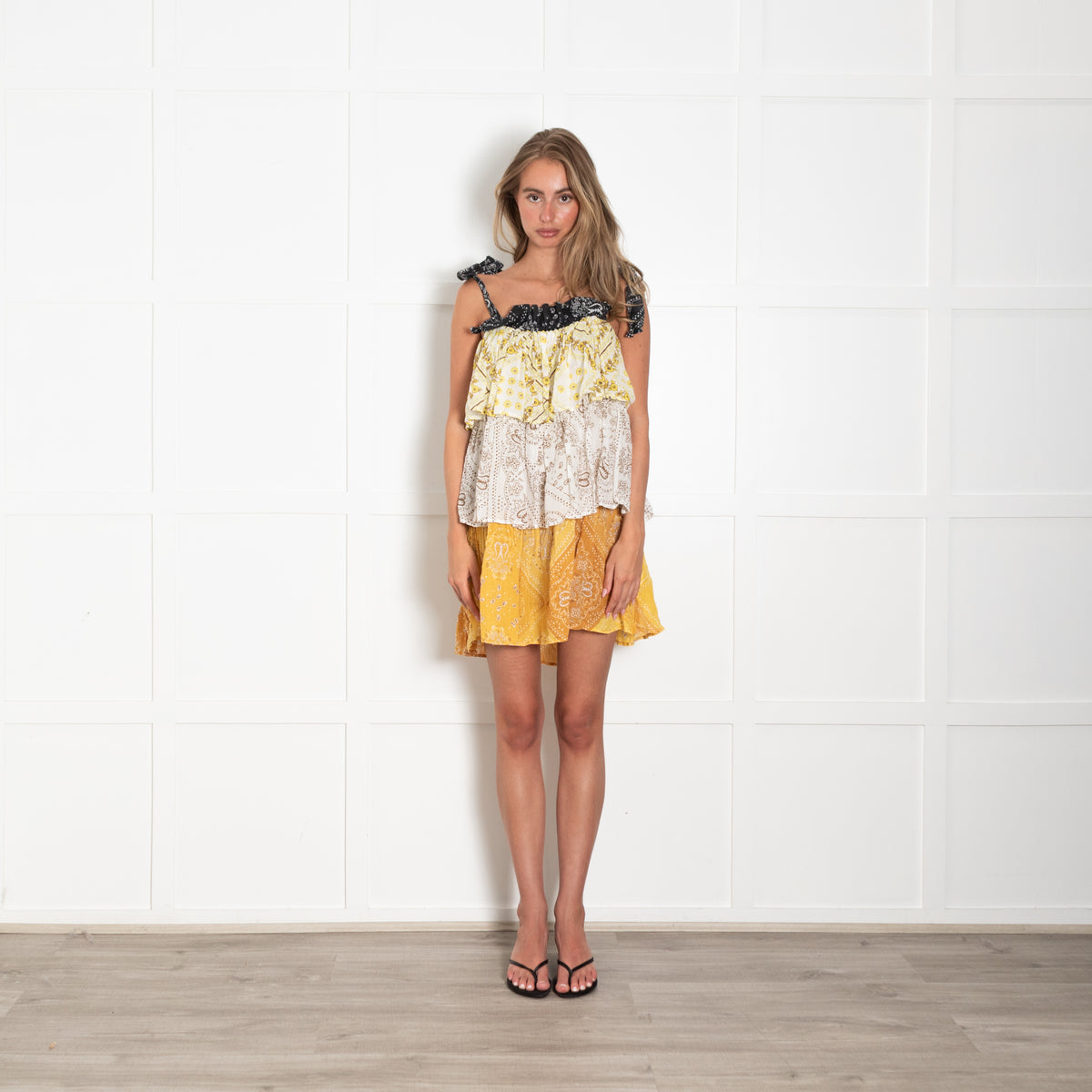 Innika Cotton Yellow & Black Tiered Paisley Print Mini  Dress