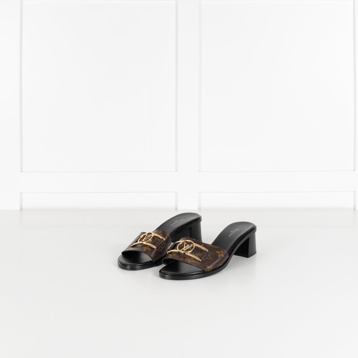 Louis Vuitton Brown Monogram Gold Lock It Heeled Mules