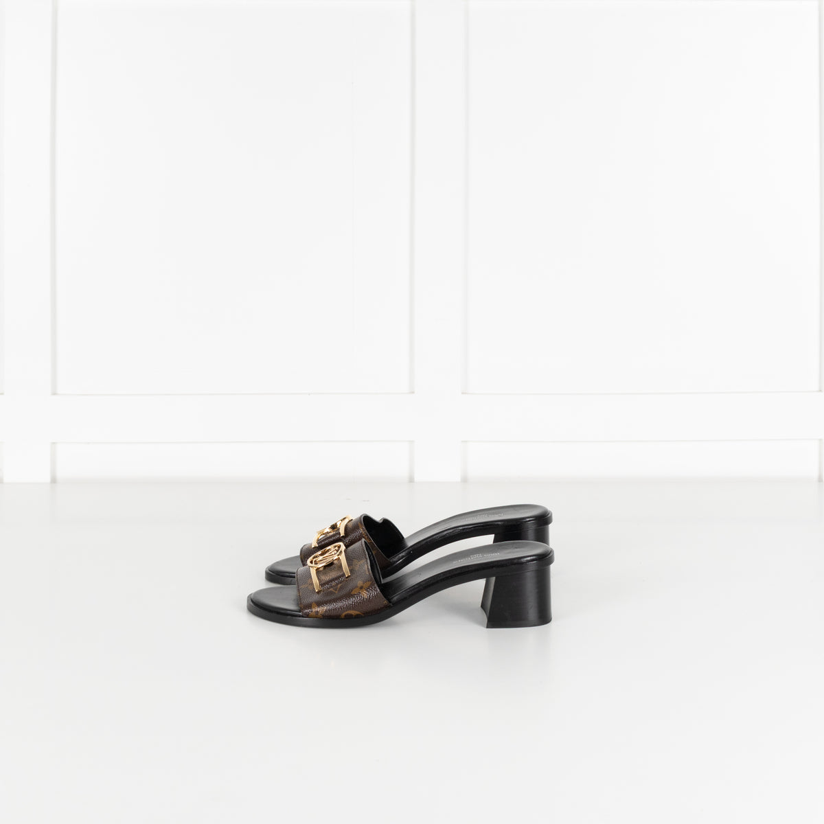Louis Vuitton Brown Monogram Gold Lock It Heeled Mules