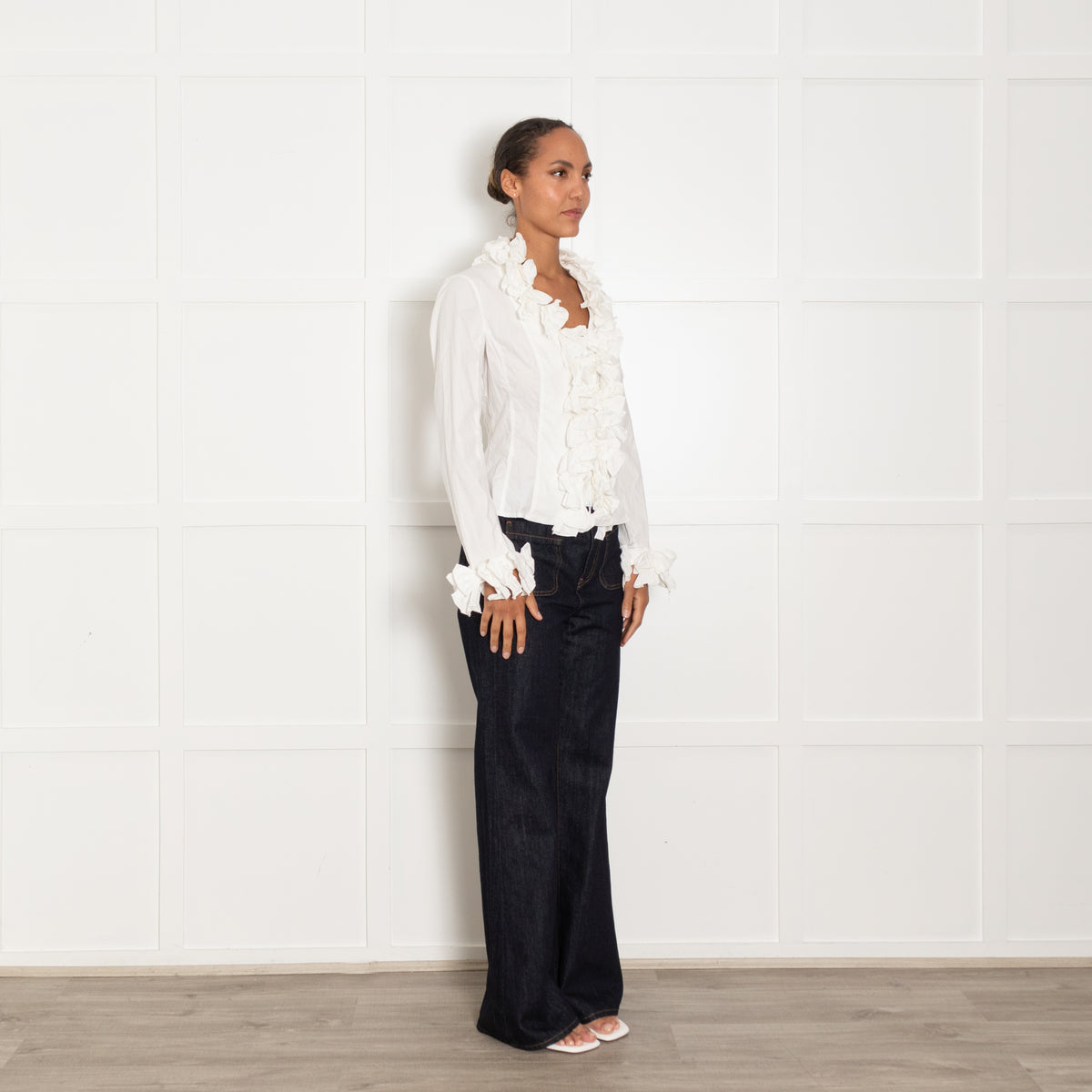 Anne Fontaine White Fitted Lacing Back & Ruffle Detail  Blouse