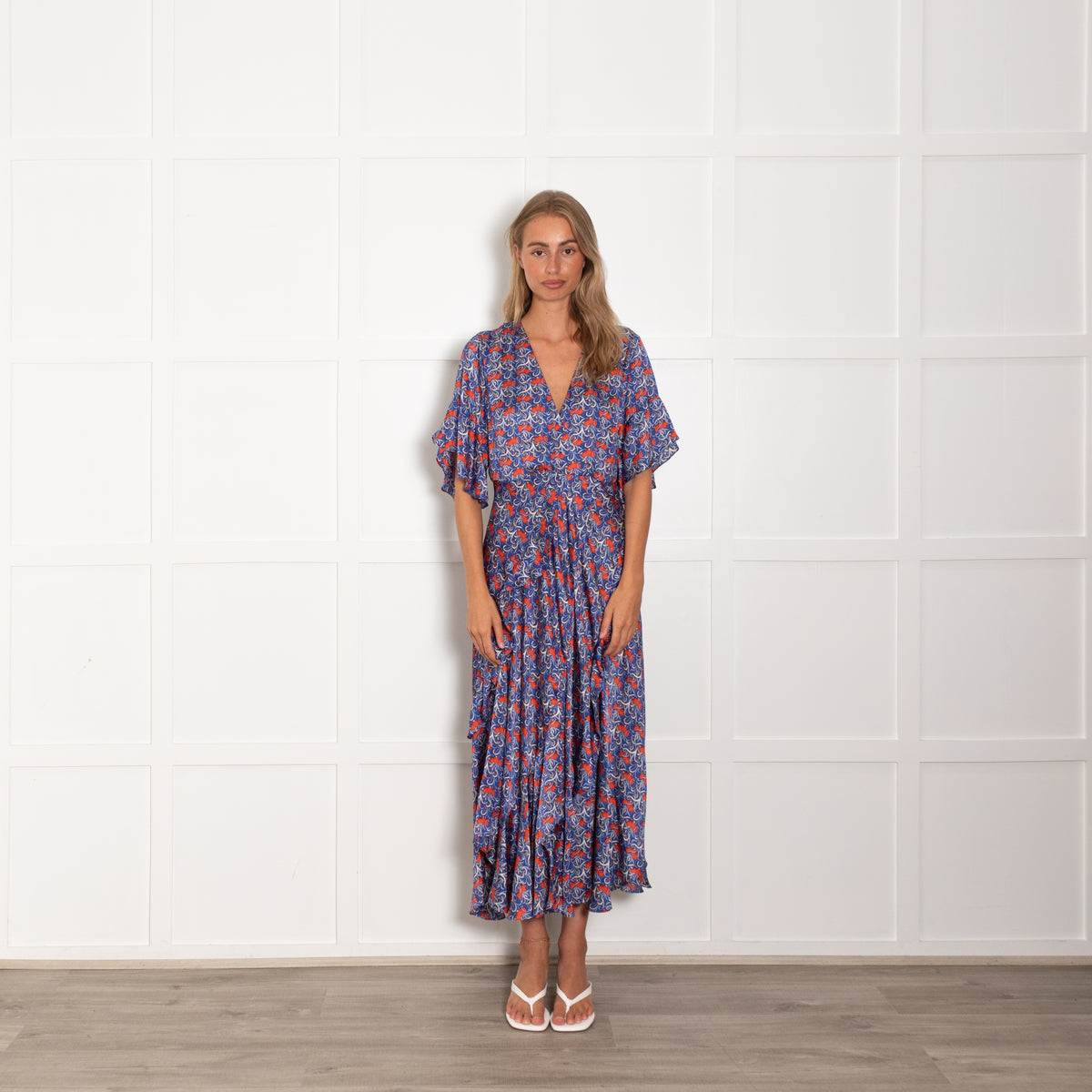 Alexis Blue Orange Floral Short Sleeve Frill Trim Maxi Dress